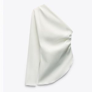 Zara White Ruched Asymmetric Top